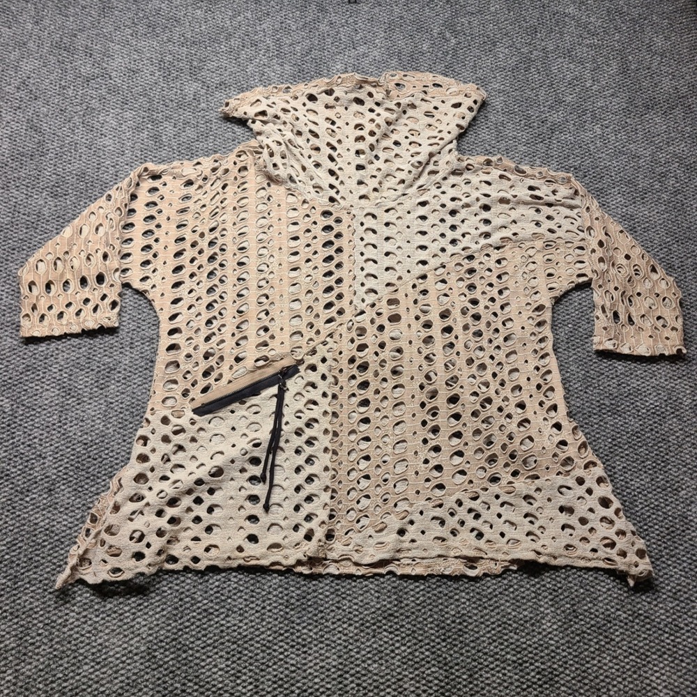 Yushi Tan Boho Open Knit Eyelet Hoodie Zipper Detail Made in USA Large 083